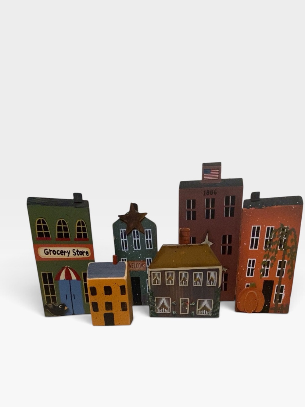 Primitive Wooden Village Buildings Set of 6 Americana Folk Art Country Decor